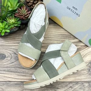 NIB Earth Origins 8W Carren Leather Comfort Strappy Wedge Sandal Sea Grass